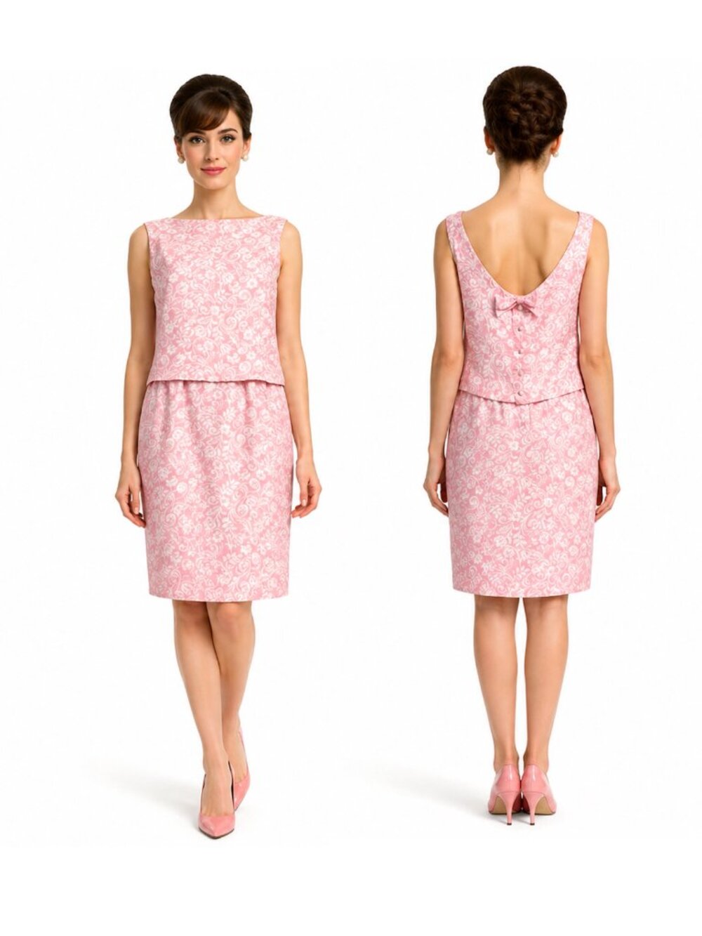 60s Lanz Pink Jackie O Sleeveless Dress w Bow | M